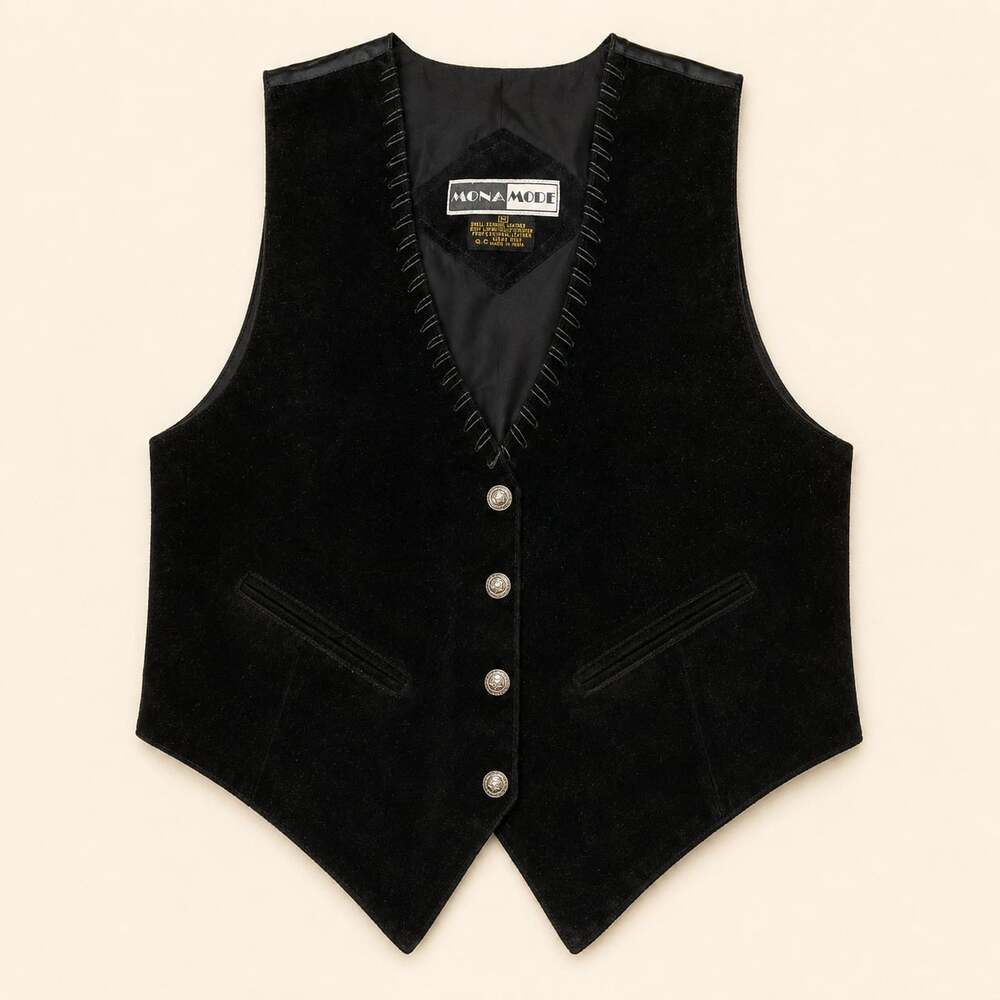 Vintage Mona Mode Black Suede Leather Western Vest Size M Rocker